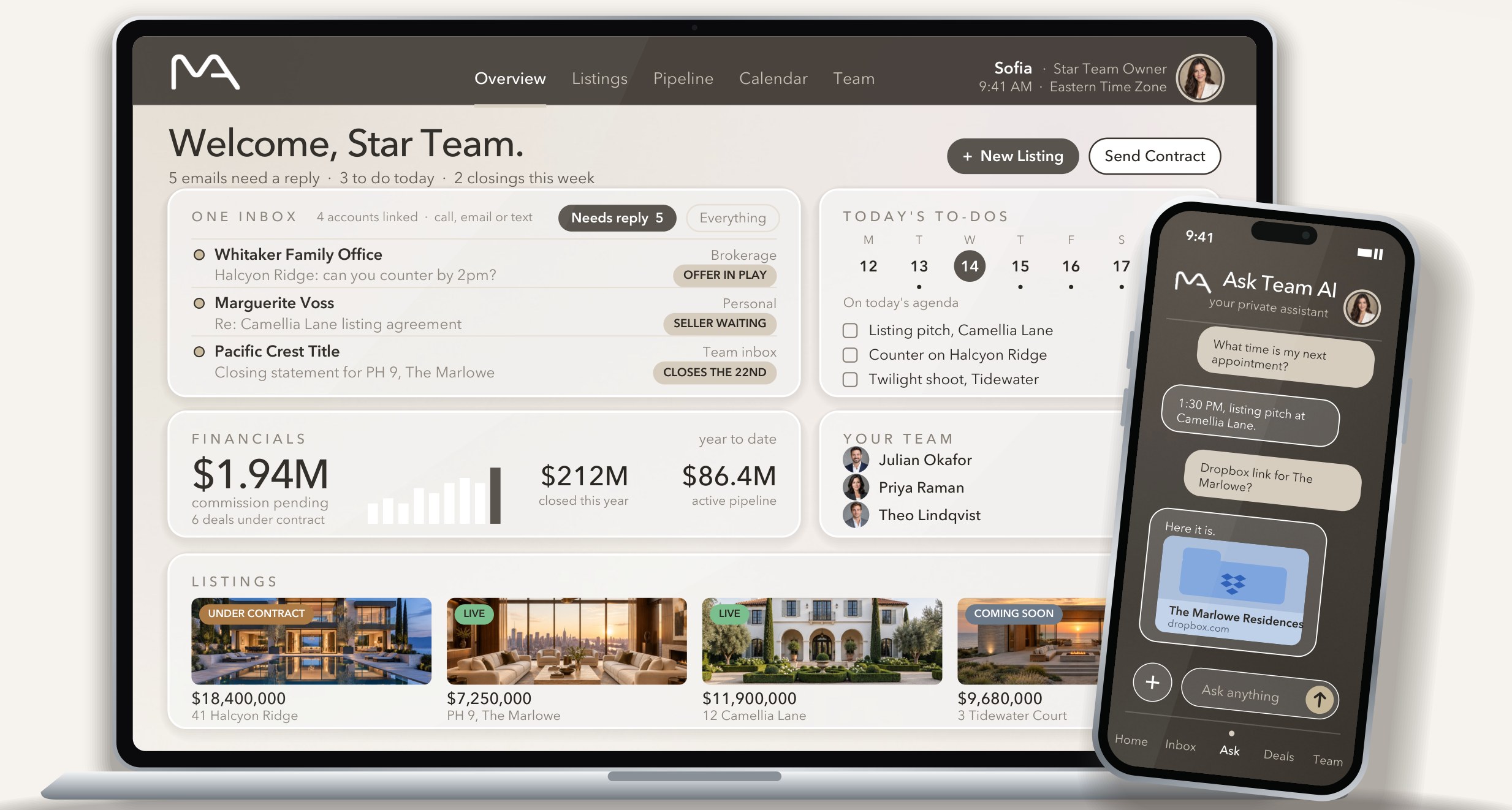 An example platform on desktop and phone: one inbox, today's to-dos, financials, team, listings and a private Team AI chat